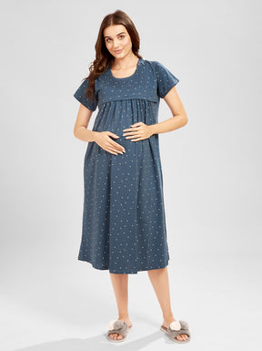 AV2 Women's Cotton Floral Calf Length Maternity Nighty - Blue 3094D
