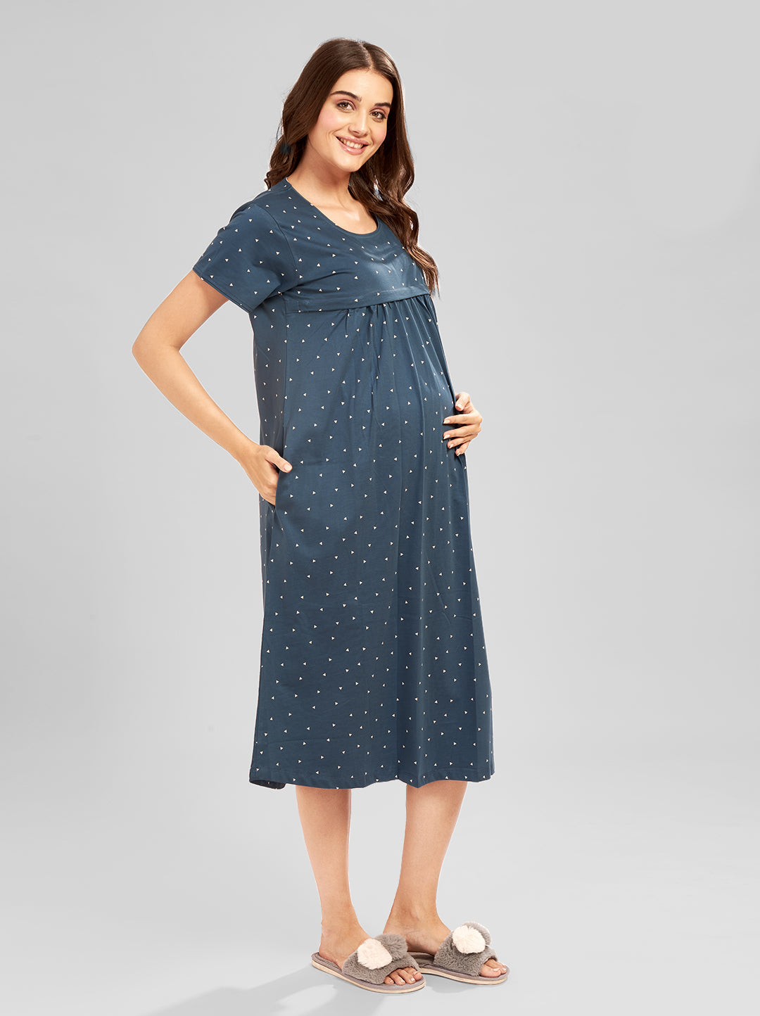 AV2 Women's Cotton Floral Calf Length Maternity Nighty - Blue 3094D