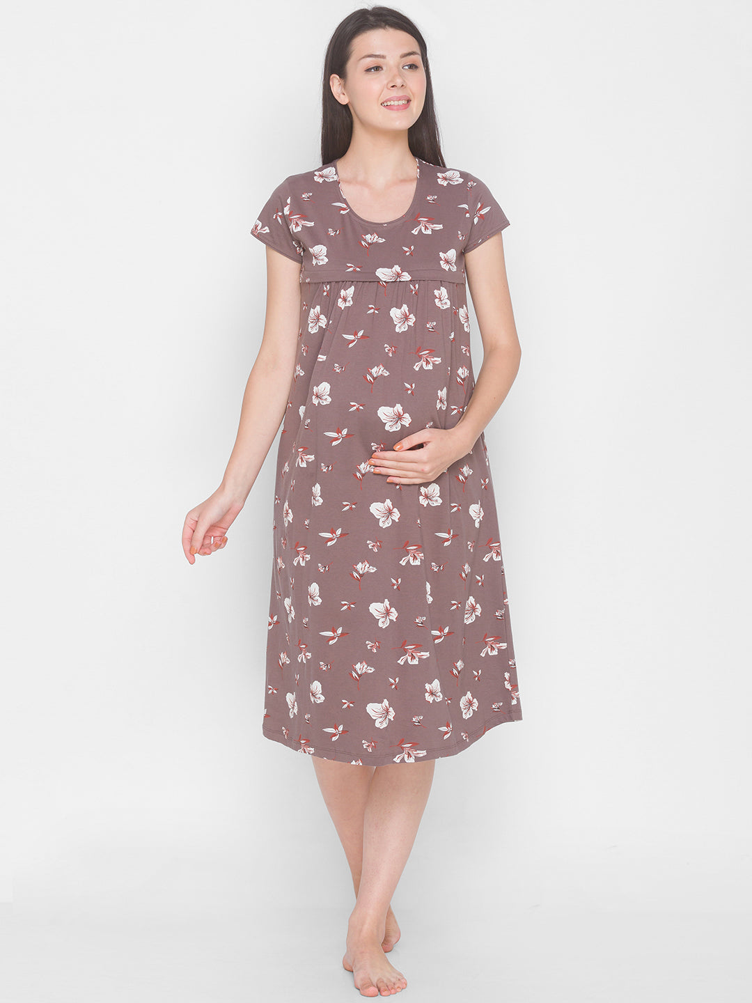 AV2 Women's Cotton Floral Calf Length Maternity Nighty - Grey 3095A