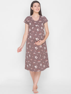 AV2 Women's Cotton Floral Calf Length Maternity Nighty - Grey 3095A