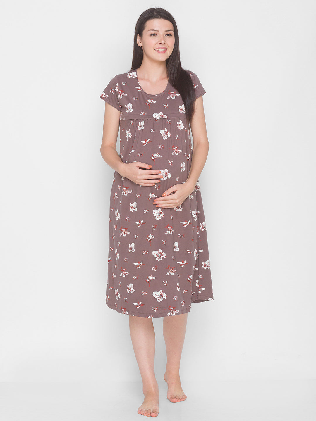 AV2 Women's Cotton Floral Calf Length Maternity Nighty - Grey 3095A