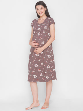 AV2 Women's Cotton Floral Calf Length Maternity Nighty - Grey 3095A
