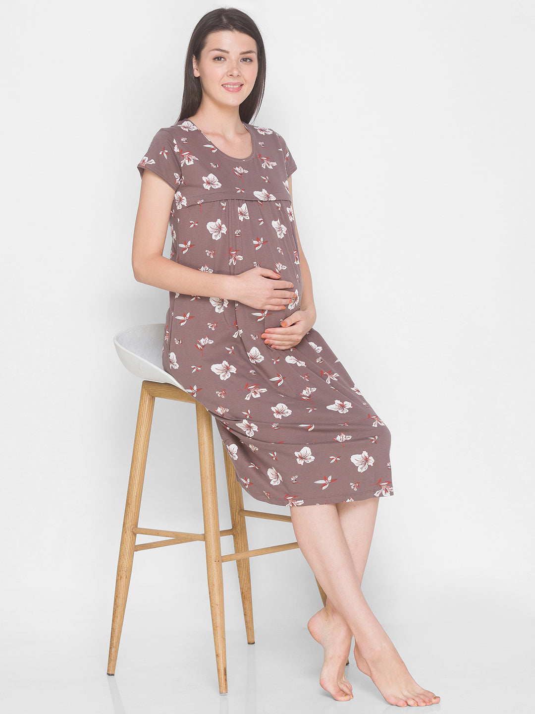 AV2 Women's Cotton Floral Calf Length Maternity Nighty - Grey 3095A