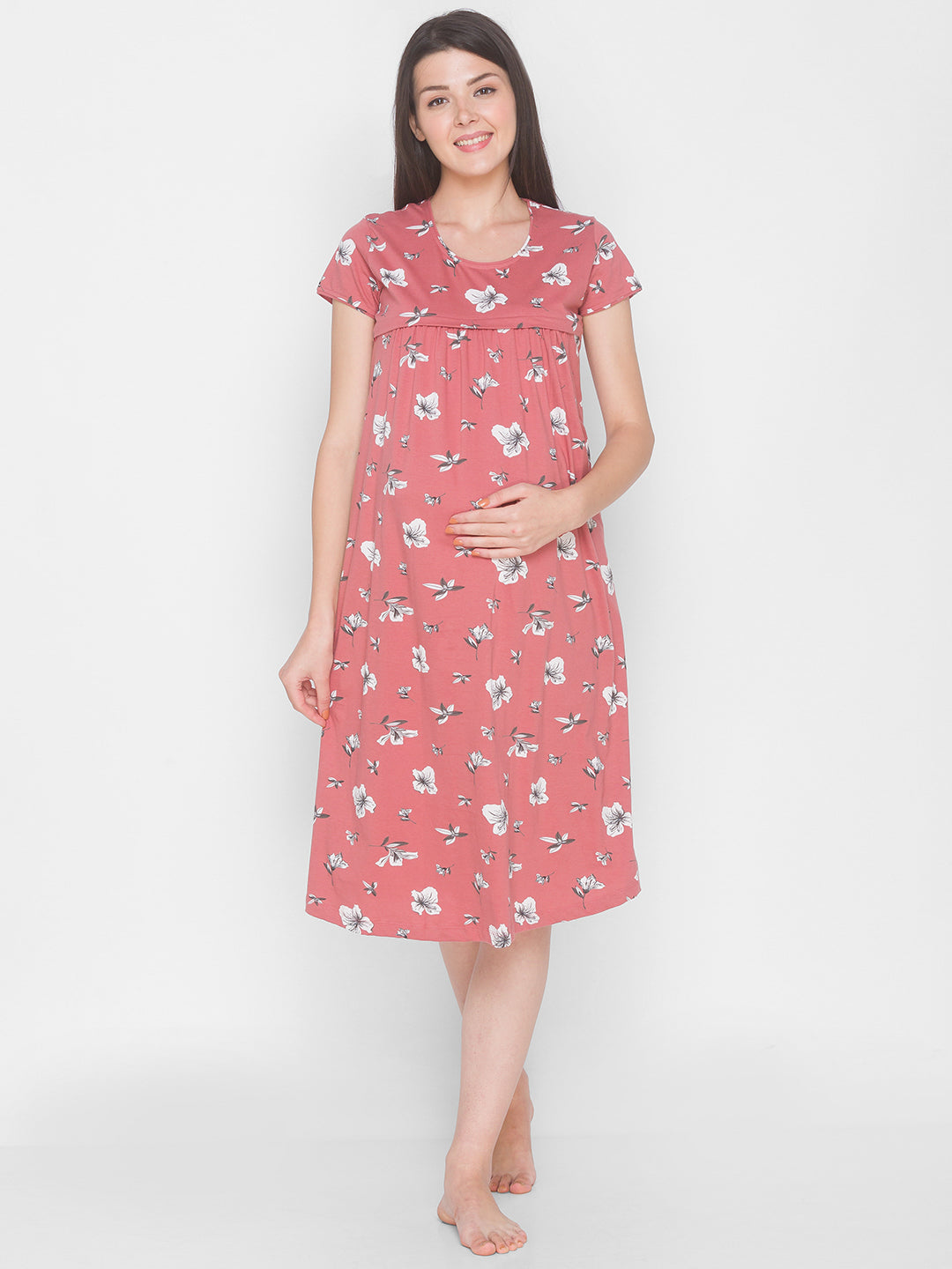 AV2 Women's Cotton Floral Calf Length Maternity Nighty - Brown 3095B