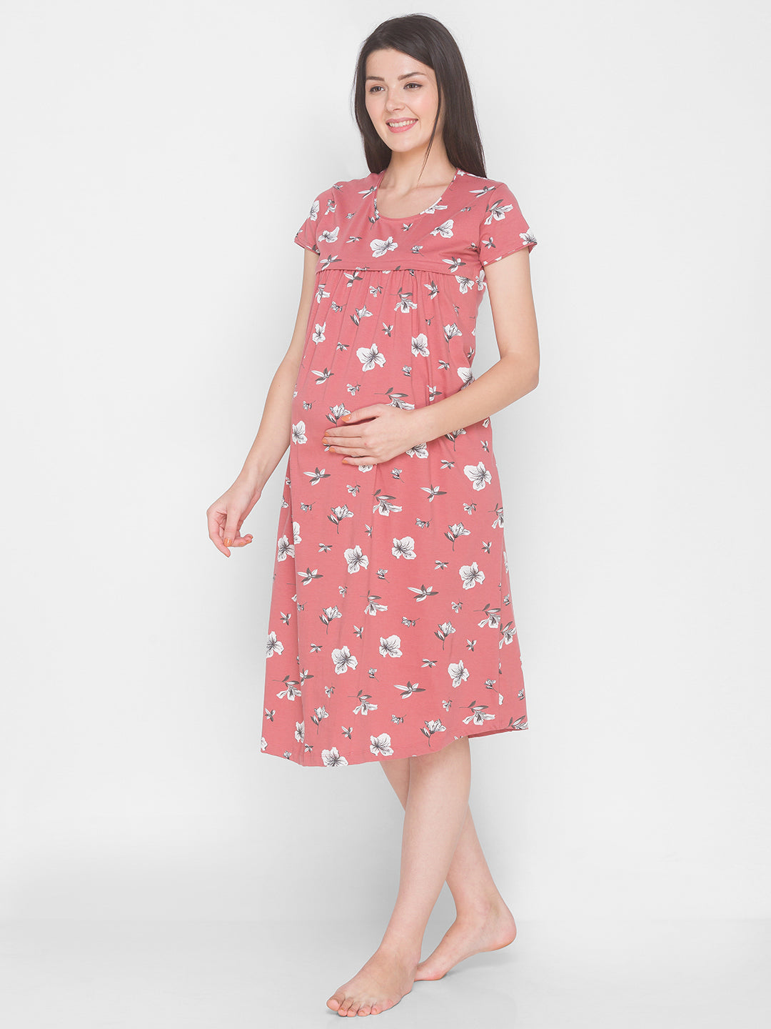 AV2 Women's Cotton Floral Calf Length Maternity Nighty - Brown 3095B