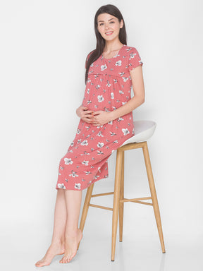 AV2 Women's Cotton Floral Calf Length Maternity Nighty - Brown 3095B