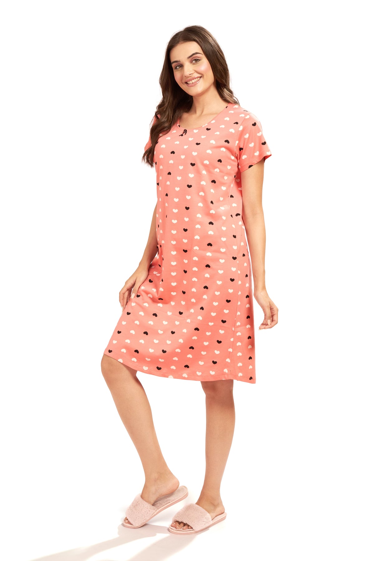 AV2 Women's Cotton Floral Knee Length Nighty Peach - 3097A