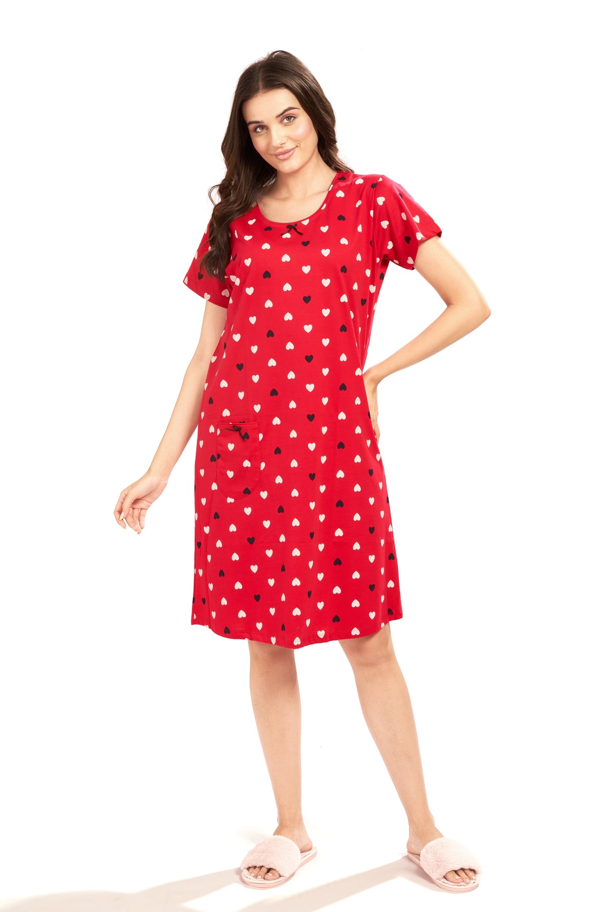 AV2 Women's Cotton Floral Knee Length Nighty Red - 3097B