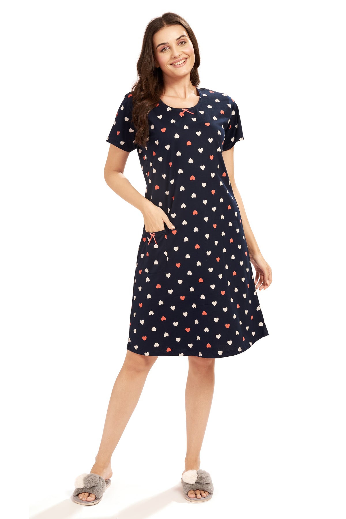 AV2 Women's Cotton Floral Knee Length Nighty Navy - 3097C