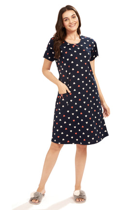AV2 Women's Cotton Floral Knee Length Nighty Navy - 3097C
