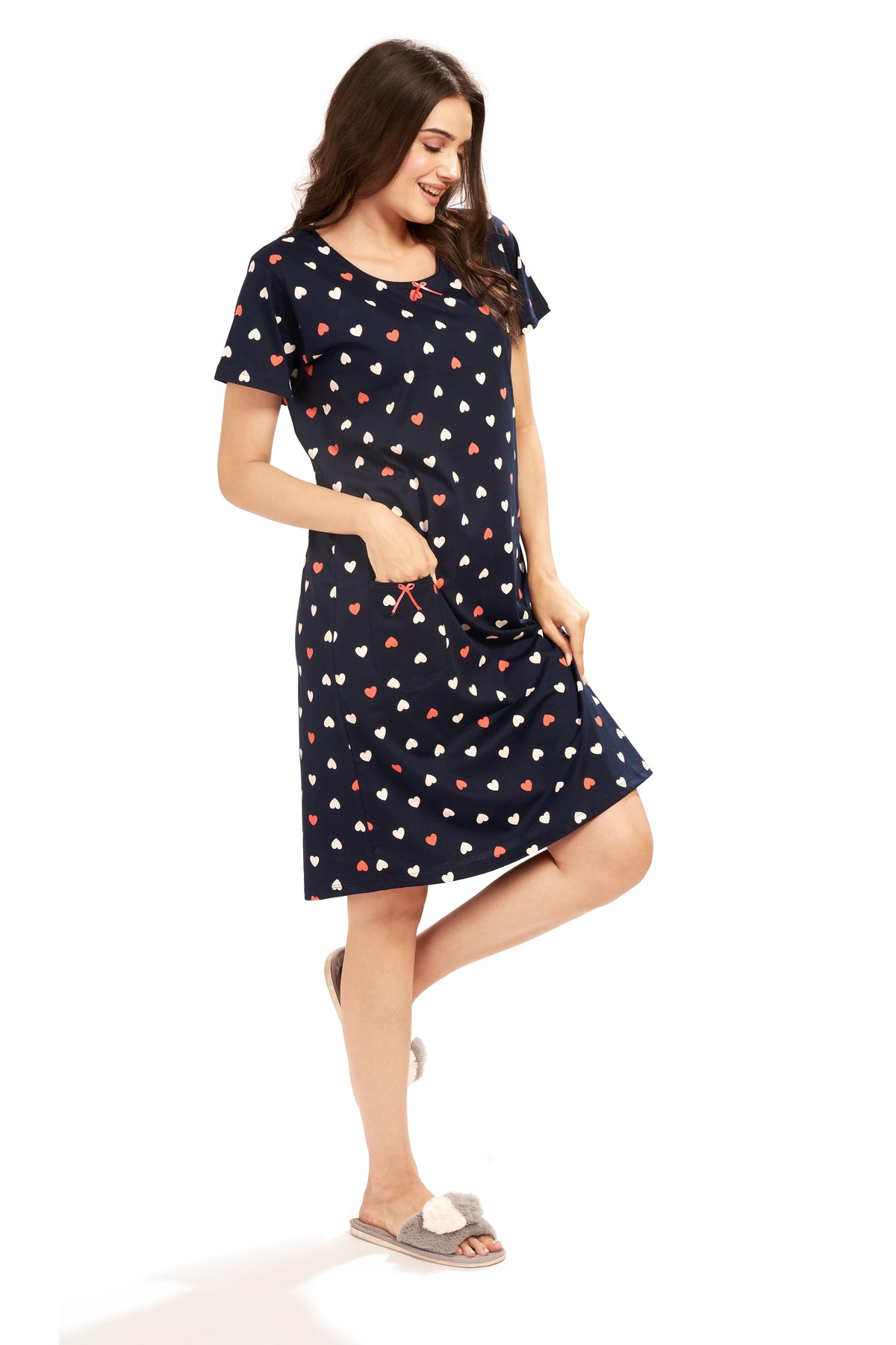 AV2 Women's Cotton Floral Knee Length Nighty Navy - 3097C