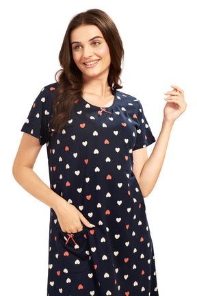 AV2 Women's Cotton Floral Knee Length Nighty Navy - 3097C