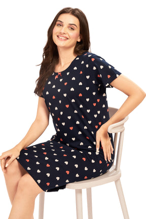 AV2 Women's Cotton Floral Knee Length Nighty Navy - 3097C