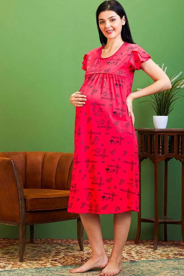 AV2 Women Cotton Printed Maternity Feeding Nighty Red - 3123B