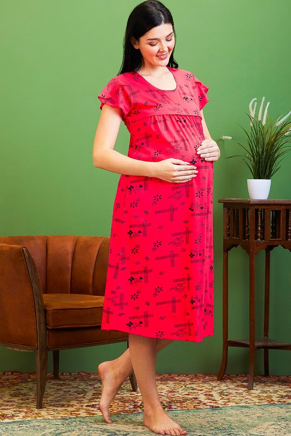 AV2 Women Cotton Printed Maternity Feeding Nighty Red - 3123B