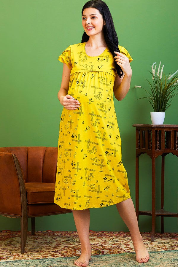 AV2 Women Cotton Printed Maternity Feeding Nighty Yellow - 3123C