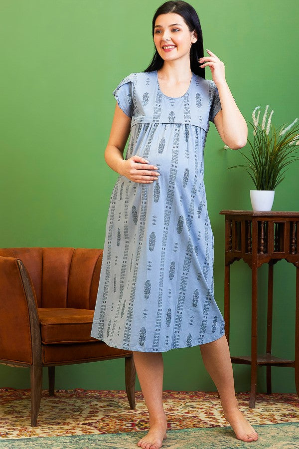 AV2 Women Cotton Printed Maternity Feeding Nighty Grey - 3124A