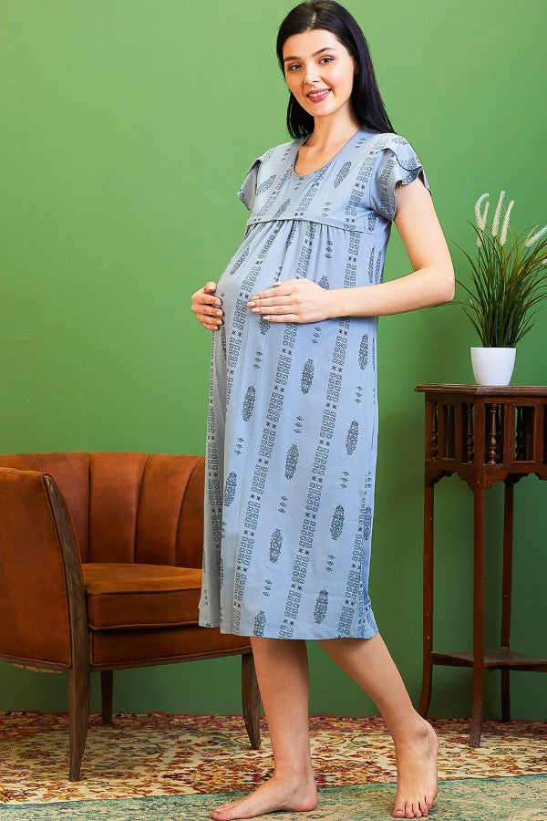 AV2 Women Cotton Printed Maternity Feeding Nighty Grey - 3124A