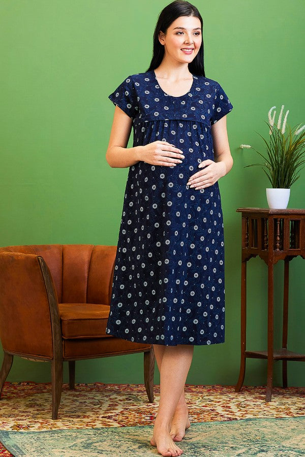 AV2 Women Cotton Printed Maternity Feeding Nighty Navy - 3125A