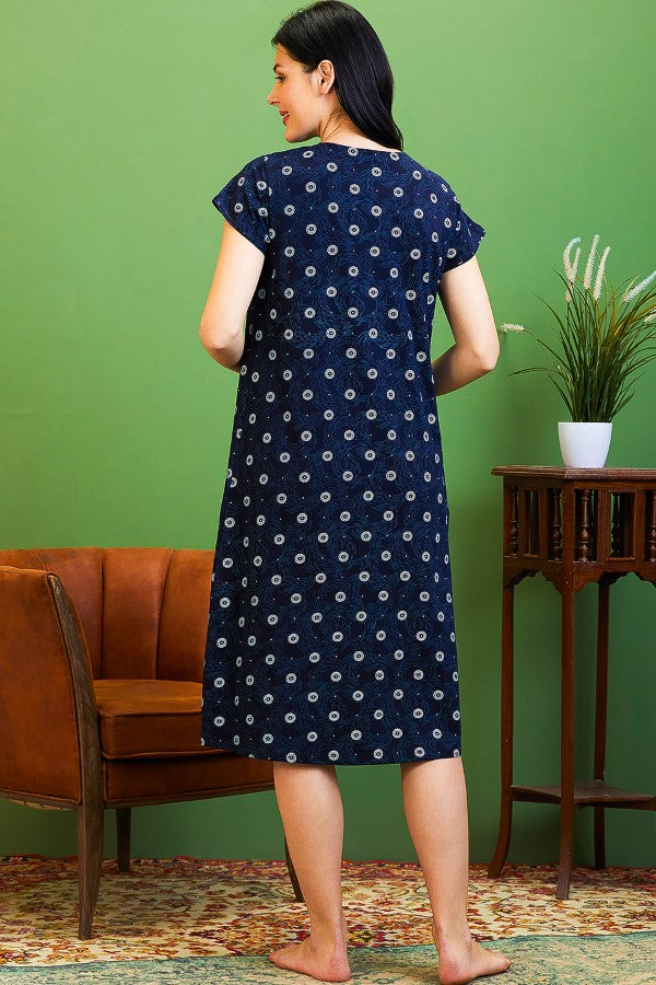 AV2 Women Cotton Printed Maternity Feeding Nighty Navy - 3125A