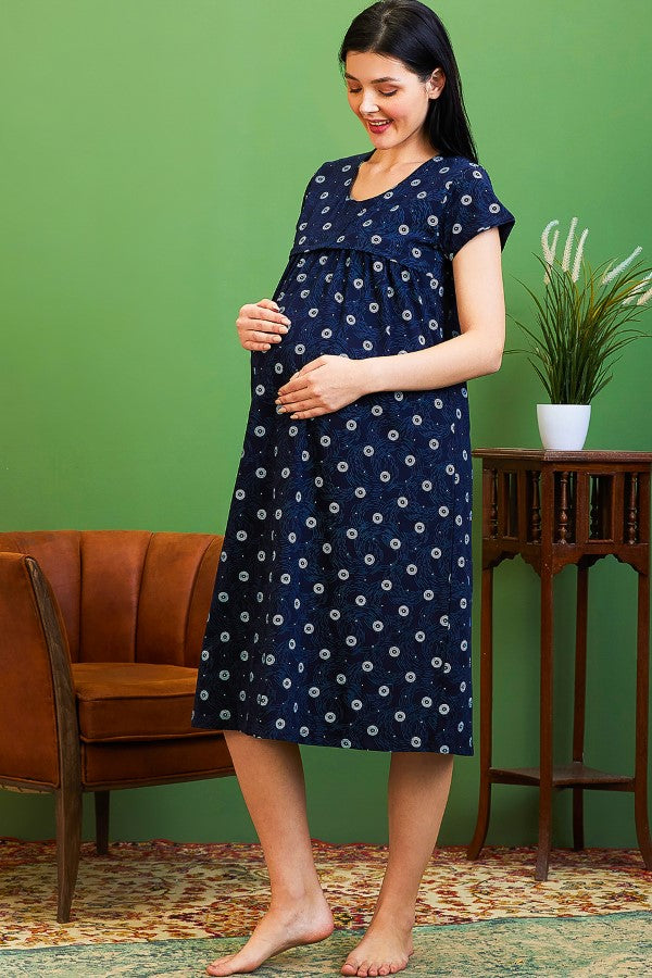 AV2 Women Cotton Printed Maternity Feeding Nighty Navy - 3125A