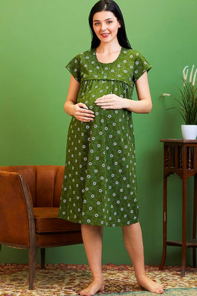 AV2 Women Cotton Printed Maternity Feeding Nighty Green - 3125B