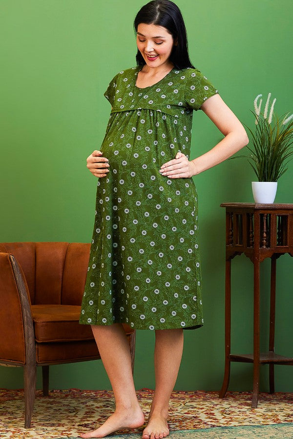 AV2 Women Cotton Printed Maternity Feeding Nighty Green - 3125B