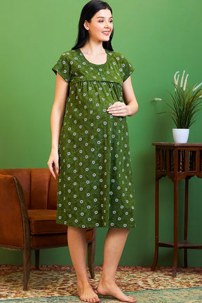 AV2 Women Cotton Printed Maternity Feeding Nighty Green - 3125B