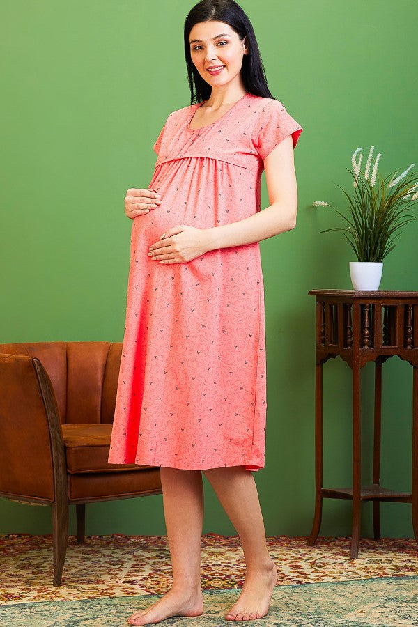 AV2 Women Cotton Printed Maternity Feeding Nighty Peach - 3126A