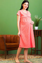 AV2 Women Cotton Printed Maternity Feeding Nighty Peach - 3126A