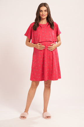 AV2 Women Cotton Printed Maternity Nursing & Feeding Relaxed Fit Nighty Red Small 3141B