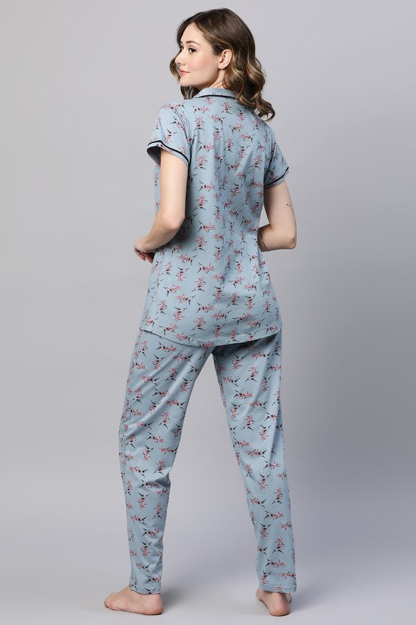 AV2 Women Cotton Floral Printed Top & Pyjama Nighsuit Set GREY - 2983A