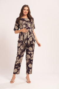 AV2 Women Rayon Printed Maternity Top & Pyjama Set Navy Small - 4050A