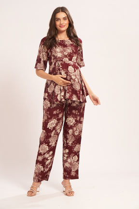 AV2 Women Rayon Printed Maternity Top & Pyjama Set Maroon Small - 4050B