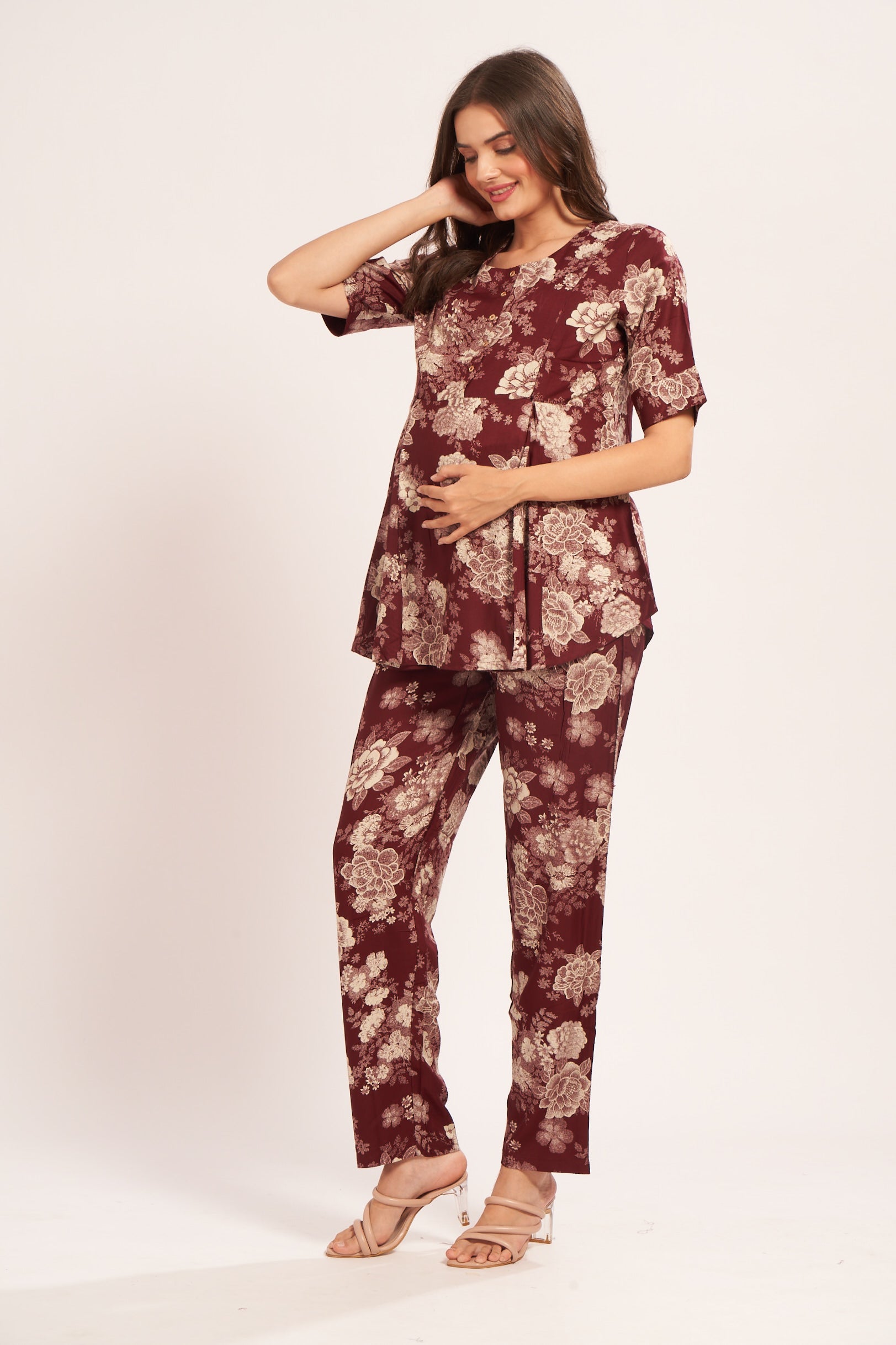 AV2 Women Rayon Printed Maternity Top & Pyjama Set Maroon Small - 4050