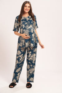 AV2 Women Rayon Printed Maternity Top & Pyjama Set Blue Small - 4050C