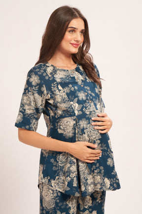 AV2 Women Rayon Printed Maternity Top & Pyjama Set Blue Small - 4050C