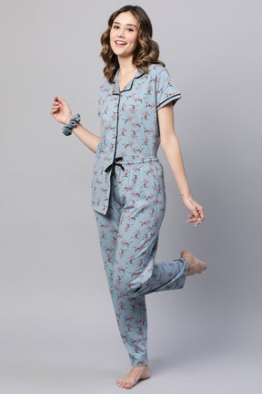 AV2 Women Cotton Floral Printed Top & Pyjama Nighsuit Set GREY - 2983A