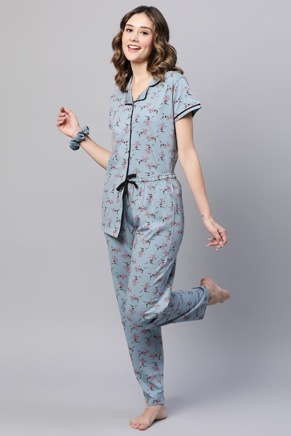 AV2 Women Cotton Floral Printed Top & Pyjama Nighsuit Set GREY - 2983A