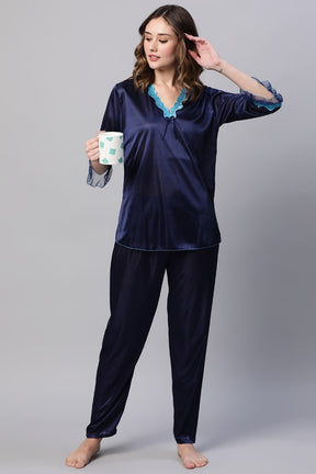 AV2 Women Satin Top and Pajama Nightsuit Set Navy - 2326D