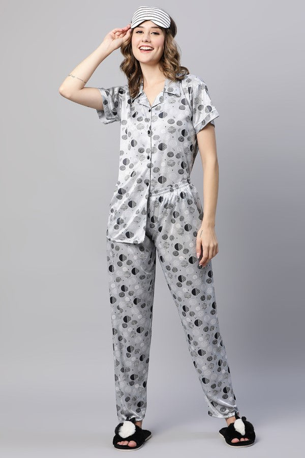 AV2 Women Cotton Printed Top & Pyjama Nightsuit set Grey - 2298B