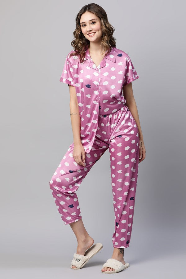 AV2 Women Satin Short Sleeve Top And Pyjama Nightsuit Set Pink - 2297B