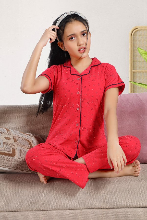 AV2 Girls Cotton Printed Night Suit Night Dress RED - 6647B