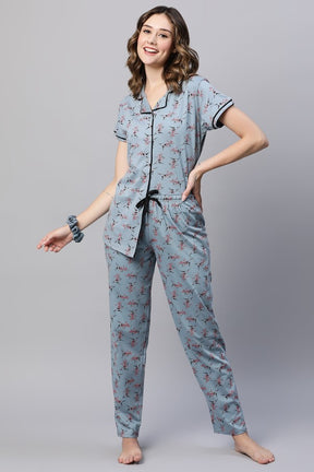 AV2 Women Cotton Floral Printed Top & Pyjama Nighsuit Set GREY - 2983A