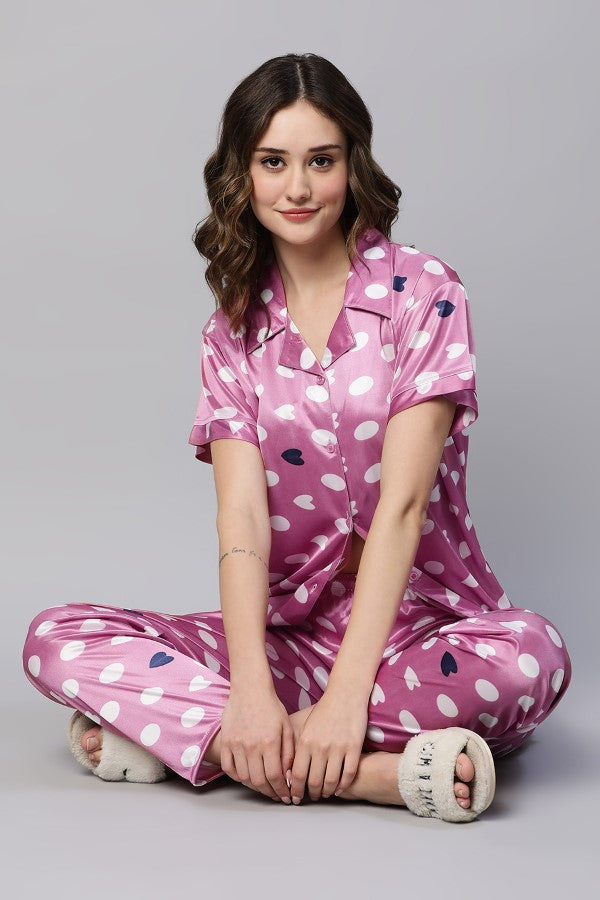 AV2 Women Satin Short Sleeve Top And Pyjama Nightsuit Set Pink - 2297B