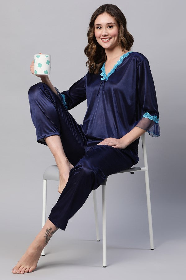 AV2 Women Satin Top and Pajama Nightsuit Set Navy - 2326D