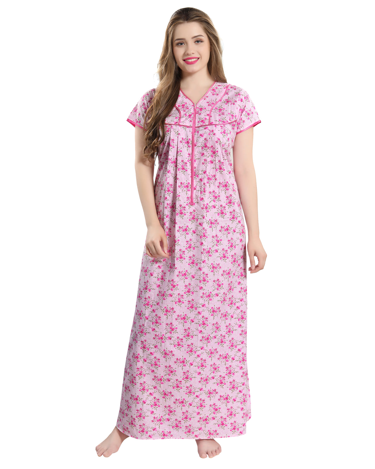 AV2 Women Printed Cotton Nightwear Nighty Maxi Pink - 7118A