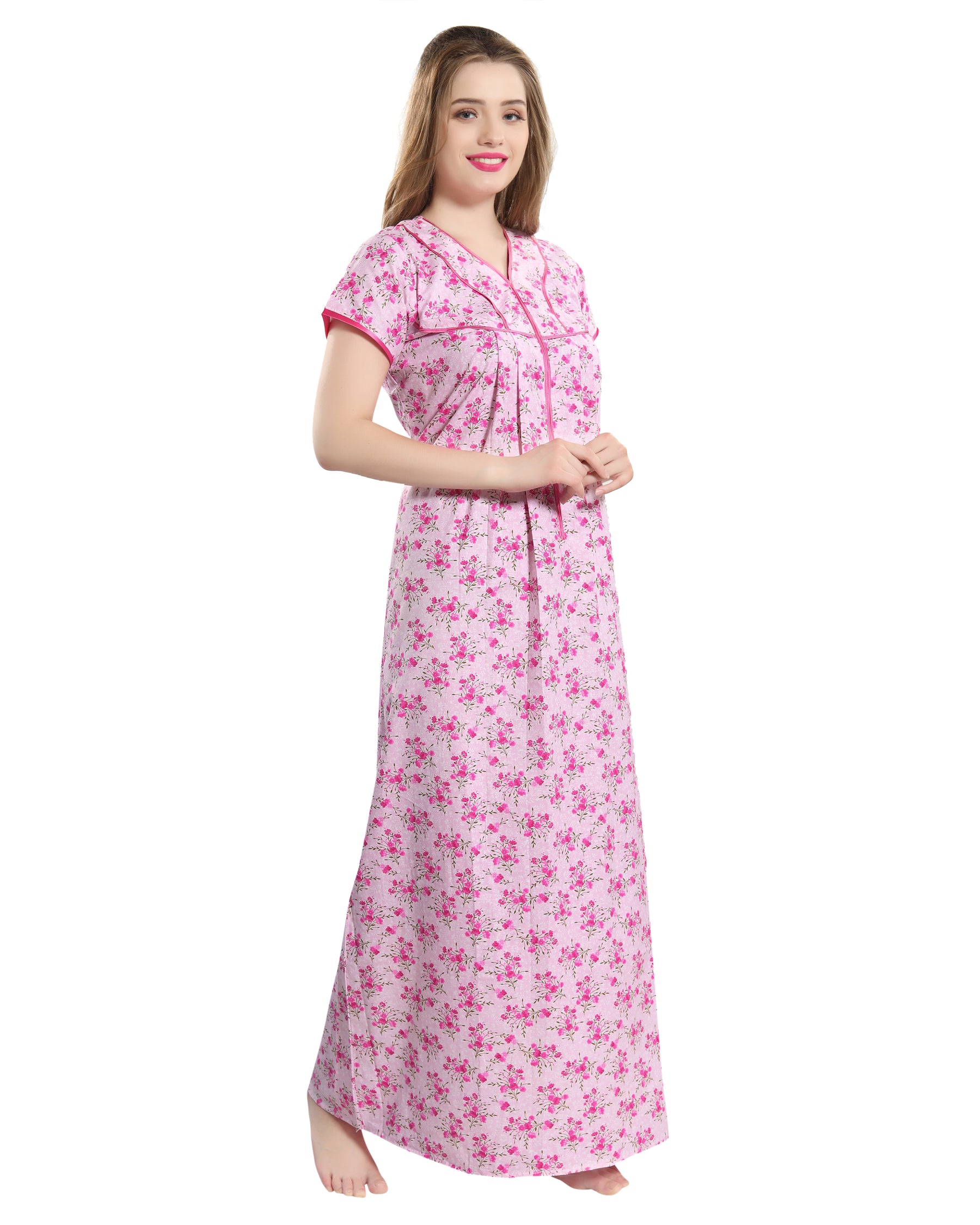 AV2 Women Printed Cotton Nightwear Nighty Maxi Pink - 7118A