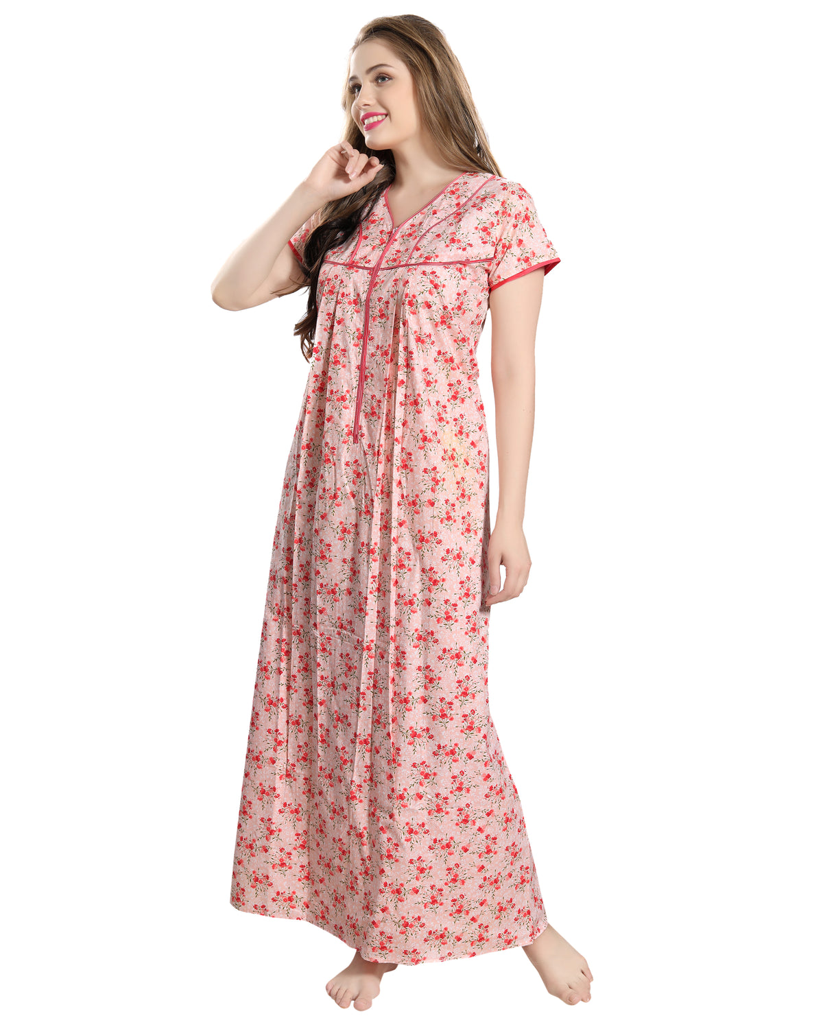 AV2 Women Printed Cotton Nightwear Nighty Maxi Peach - 7118B