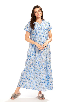 AV2 Women Printed Cotton Nightwear Nighty Maxi Blue - 7118C